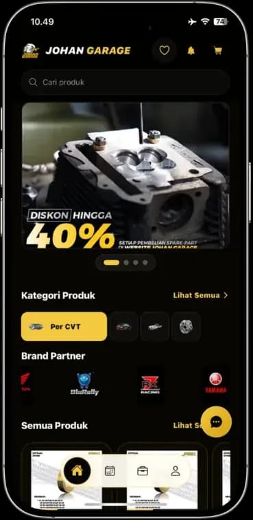 Tampilan aplikasi Johan Garage di ponsel